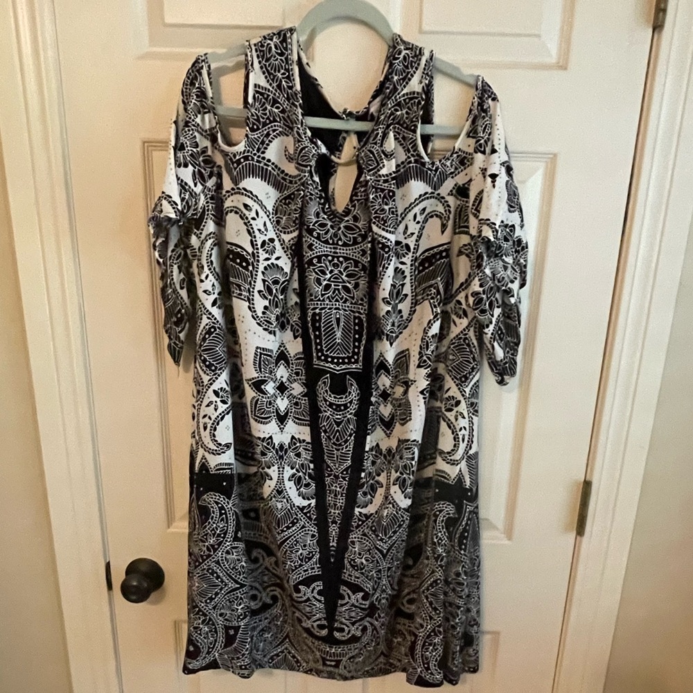 Black and White open shoulder dress with black velvet trim.